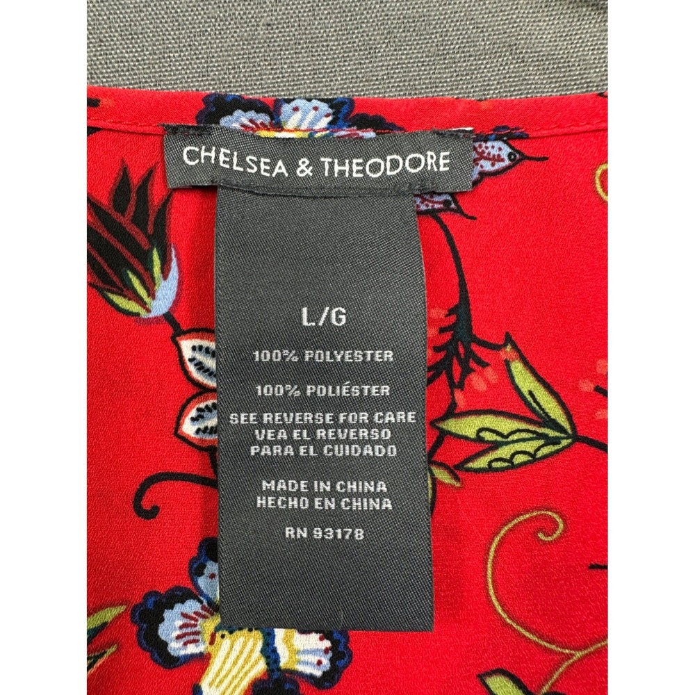 Chelsea & Theodore Red Floral V-Neck Long Sleeve Tulip Hem Blouse Large